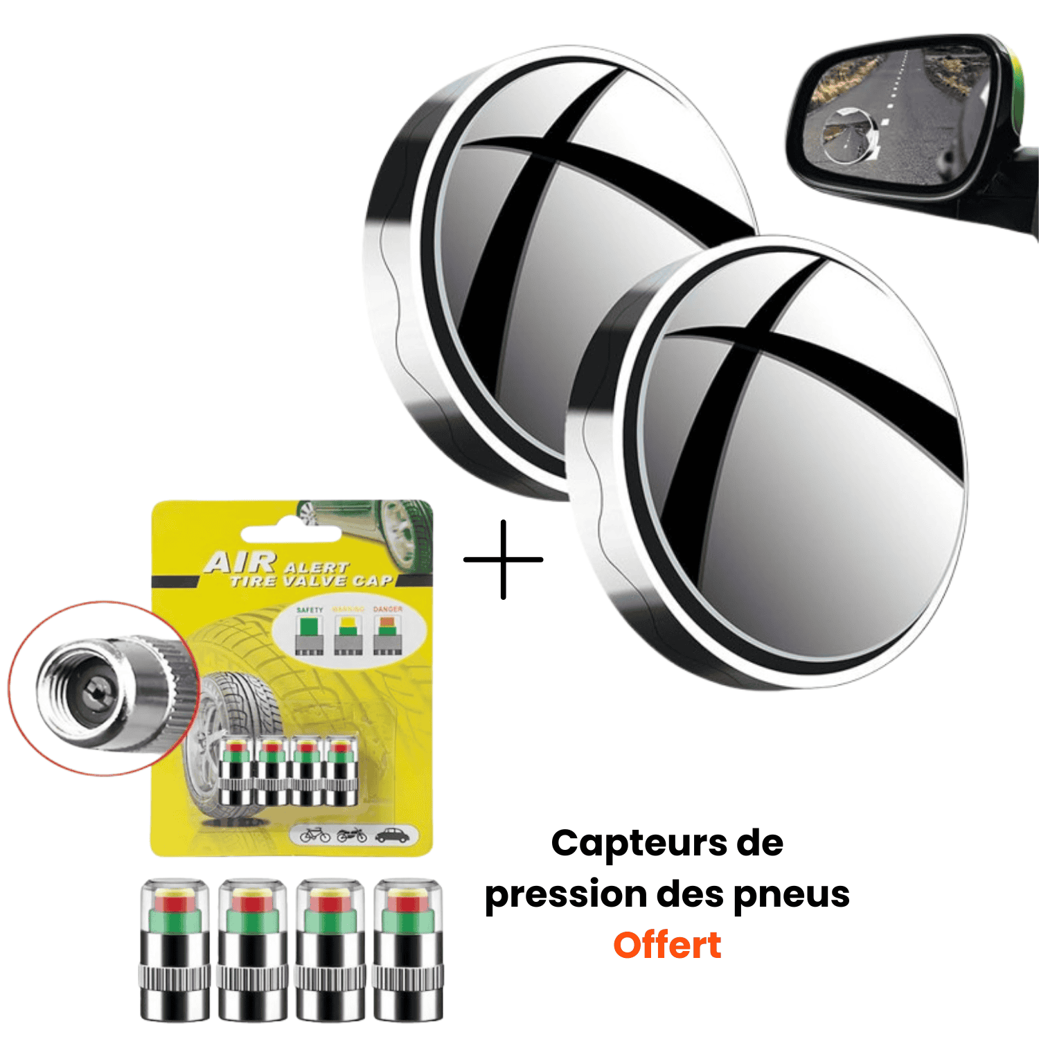 Mirrorrf + caprterwe Miroir D'Angle Mort 2 Pcs, type ventouse + Capteurs de pression des pneus – Image 1